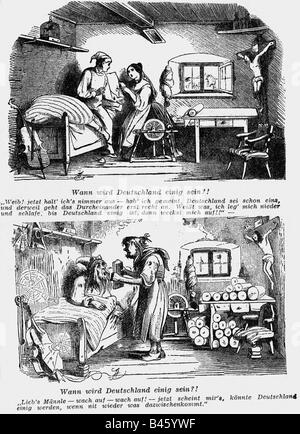 Ereignisse, Revolutionen 1848 - 1849, Deutschland, Karikatur, "Wann wird Deutschland vereint?!", Holzgravur, "Fiegende Blaetter", 19. Jahrhundert, Stockfoto
