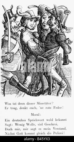 Ereignisse, Revolutionen 1848 - 1849, Deutschland, Karikatur gegen die Miliz, Holzgravur, "Der Satyrer", Frankfurt am Main, 1849, Stockfoto