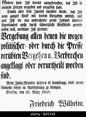 Ereignisse, Revolution 1848 - 1849, Deutschland, Preßburg, Märzrevolution, Plakat, Annonzement einer Amnestie von König Friedrich Wilhelm IV., Berlin, 20.3.1848, 19. Jahrhundert, historisch, historisch, Stockfoto