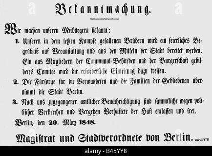 Ereignisse, Revolution 1848 - 1849, Deutschland, Preßburg, Märzrevolution, Benachrichtigung des Magistrats von Berlin über die Verwundung und Verwundung, 20.3.1848, Revolutionäre, 19. Jahrhundert, historisch, historisch, historisch, Stockfoto