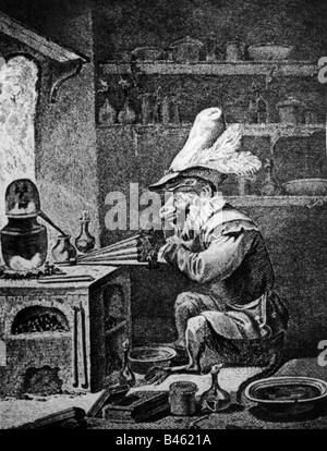 Alchemie, Alchemisten, Karikatur, Alchemist 'donkey', Kupferstich, 17. Jahrhundert, Stockfoto