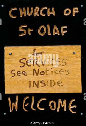 Willkommen Sie Schild auf St Olafs Kirche, Wadale Head, Lake District, Cumbria Stockfoto