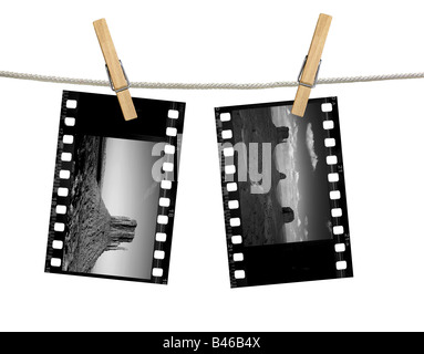 Schwarz / weiß 35mm Film-negative von Monument Valley Hanging on A Wäscheleine mit Wäscheklammern Stockfoto