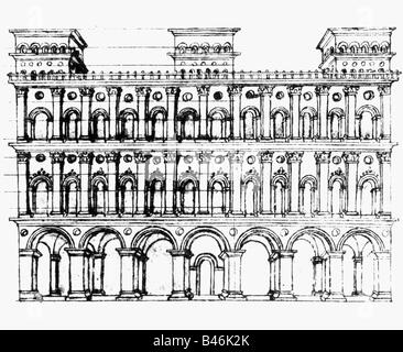 Architektur, Designs, ideale Stadt Sforzinda, Haus, Kupferstich, "Trattato d' architettura" von Filarete (Antonio di Pietro Avelino), 1460/1464, Stockfoto