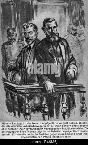 Liebknecht, Wilhelm, 29.3.1826 - 7.8.1900, deutscher Politiker (SPD), mit Theo Thomas, Leipziger Hochverratsprozess, 1872, Zeichnen, Stockfoto