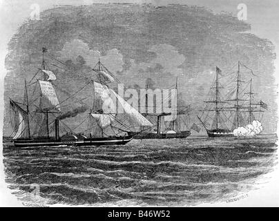 Transport/Transport, Navigation, Kriegsschiffe, USA, USS "Mississippi", in Auftrag gegeben, im Jahr 1841, versenkt, im Jahr 1863, in der Straße von Malakka, Holzgravur, im Jahr 1853, Stockfoto