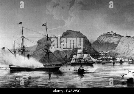 Transport/Transport, Navigation, Kriegsschiffe, USA, US-Fregatte vor Jamestown, St. Helena, lithograph von Heine und Brown, 185.85, Stockfoto