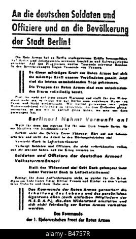 Ereignisse, Zweiter Weltkrieg / Zweiter Weltkrieg, Deutschland, Schlacht um Berlin, Aufruf des Kommandos der 1. Weißrussischen Front an die deutschen Soldaten und die Berliner Bürger, Forderung nach Kapitulation, Ende April / Anfang Mai 1945, Stockfoto