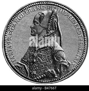 Mary I, 18.2.1516 - 17.11.1558, Königin von England 19.7.1553 - 17.11.1558, Porträt, Holzgravur, 19. Jahrhundert, nach Medaille, Königliches Münzkabinett, Berlin, Stockfoto