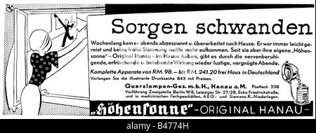 Werbung, Kosmetik, Sonnenlampe, Quarzlampen GmbH, Hanau, Anzeige, Atlantis", Mai 1936, Stockfoto