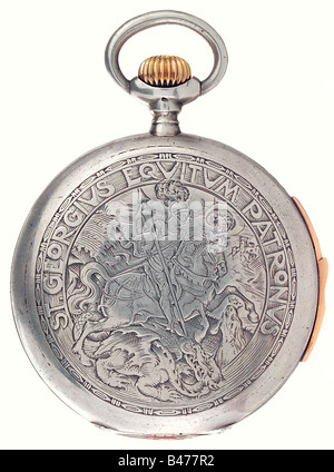Hermann Göring - eine Präsentationstaschenuhr, Silberne Jäger-Uhr mit Federdeckel, Gustav Schulze, Hof-Uhrmacher München. Hochwertige, betuchte (Ruby) Werkstücke arbeiten mit einem manuellen Stundenrepeater. Auf der Vorderseite eine fein gravierte Darstellung des heiligen Georg, einer von St. Hubert auf der Rückseite, die jeweils von einer Aufschrift in lateinischer Sprache umgeben ist, die Präsentationsinschrift rund um die St.Hubertus-Szene mit den Worten: "Zu meinem geliebten Hermann, Waidmannsheil (Jäger-Gruß) immer von seinem Carin, Innsbruck 12. Januar 1924". Markenzeichen. Durchmesser 60 mm. Es gibt auch die silberne Chatelaine mit einem AT, Stockfoto
