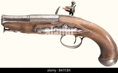 Ein Paar Pistolen mit flintlock, Frankreich, ca. um das Jahr 880. Flutete Fässer verschmelzen zu Runde mit Kanonenschusszauben. Glatte Bohrungen im Kaliber 14 mm. Glatte Winderschlösser mit leicht verrasteten Sperrplatten. Walnussbestände mit silbernem Draht verlegt. Glattes Eisenmöbel und Stangen. Längen 23,5 cm. Historisch, historisch, 18. Jahrhundert, zivile Handfeuerwaffen, zivile Handfeuerwaffen, Handfeuerwaffen, Handfeuerwaffen, Pistolen, Feuerwaffen, Feuerwaffen, Waffen, Waffen, Waffe, Arm, Gegenstand, Objekte, Fotos, Clipping, Clippings, herausschneiden, herausschneiden, herausschneiden, herausschneiden, Stockfoto