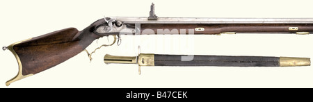 Ein Schlaggewehr, Genf, Mitte des 19. Jahrhunderts. Schwerer achteckiger Zylinder im 19-mm-Kaliber, links mit der Aufschrift "W24" und verstellbarem Pendel hinten. Bajonettmontage. Gravierte Verriegelung (defekt) mit der Aufschrift "Rebsamen a Witherthur". Trigger einstellen. Walnussbestand mit leerem silberfarbenem Escutcheon und Messingmöbeln. Holzramstab. Ein Thimble mit einer kleinen Pause. Länge: 131 cm. Mit entsprechendem Jagdaufhänger, leicht gefleckter Klinge, Messinghill und schwarzer Lederschrecke, ebenfalls mit Messingmöbel. Johann (Hans) Rebsamen (1775 - 1853) war g, Stockfoto