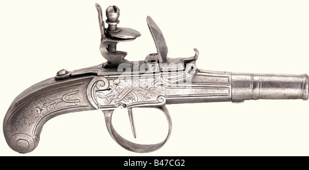Ein Paar Ganzmetall-Taschenpistolen mit Flügelverschluss, Liège Ende des 18. Jahrhunderts. Geflohene Schraubenfässer mit Nocken im Kaliber 9 mm. Eisenkasten sperren und stoßen mit Gravuren von Blumen und Trophäenbündeln an den Seiten. Länge von je 15,5 cm. Historisch, historisch, 18. Jahrhundert, zivile Handfeuerwaffen, zivile Handfeuerwaffen, Handfeuerwaffen, Handfeuerwaffen, Pistolen, Schusswaffen, Feuerwaffen, Waffen, Waffen, Waffe, Arm, Gegenstand, Objekte, Fotos, Clipping, Clippings, herausschneiden, herausschneiden, herausschneiden, herausschneiden, Stockfoto