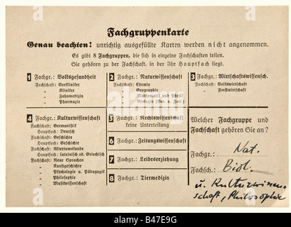 Sophie Scholl - Karte mit der Gruppe der Studienfächer für die Immatrikulation an der Universität München zum Sommersemester 1942., Papppapier 10,5 x 15 cm. Handschriftlich ausgefüllt mit dunkler Tinte, Fachkombination Naturwissenschaft - Biologie und Kulturwissenschaft - Philosophie. Parteimitgliedschaften sind als nicht exisitant gekennzeichnet, nach eigenen Angaben war sie vom 6. April 1941 bis 28. März 1942 im Arbeitsdienst. Zusätzlich zwei Grußkarten der Organisation Der Opfer des Faschismus, München, undatiert, beide von der ersten unterzeichnet, Stockfoto