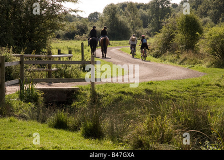 Pferd und Fahrrad Fahrer teilen die Straße auf Bookham, Surrey, England Stockfoto