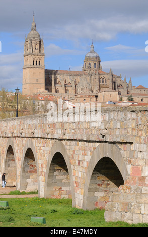 Römische Brücke alte und neue Kathedralen Salamanca Spanien Stockfoto