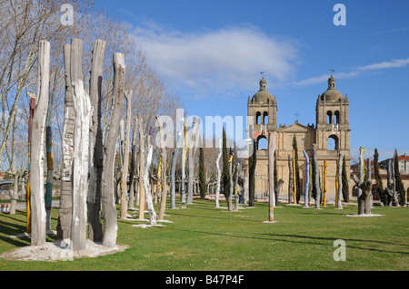 Geformte geschnitzten Bäumen Bosque de Olmos Secos und die Kirche Iglesia De La Santissima Trinidad del Arrabal Salamanca Spanien Stockfoto