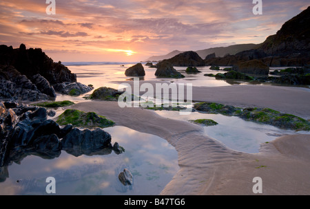 Sonnenuntergang am Combesgate Strand, Woolacombe in Nord-Devon England Stockfoto