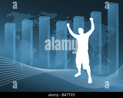 Weltwirtschaft mit einem Mann Silhouette stand vor einer Weltkarte und ein 3D Balkendiagramm-Illustration. Stockfoto