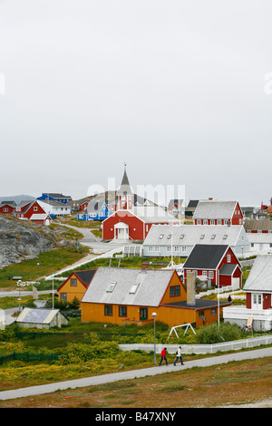 Aug 2008 - Blick über Häuser und Frelsers Kirke unser Erlöser Kirche in der Kolonihavn-Nuuk-Grönland Stockfoto