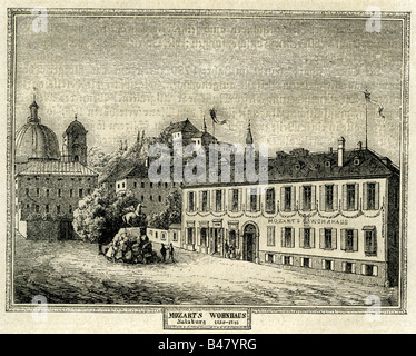Mozart, Wolfgang Amadeus, 27.1.176 - 5.12.1701, österreichischer Komponist, sein Haus in Salzburg, Holzgravur, 1861, Stockfoto