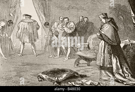 König Heinrich VIII. Von England entlässt Thomas Cardinal Wolsey, 1529. Stockfoto