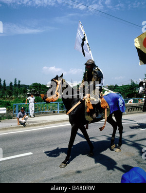 Geographie/Reisen, Japan, Traditionen/Folklore, Namaoi Soma Matsuri, 22. - 25.7. In Haranomachi, Parade, Samurai bei Pferd, Stockfoto