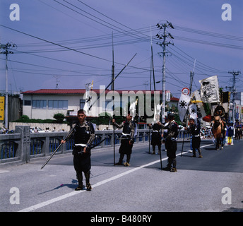 Geographie/Reisen, Japan, Traditionen/Folklore, Namaoi Soma Matsuri, 22. - 25.7. In Haranomachi, Parade, Samurai auf der Straße, Stockfoto