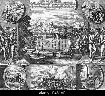 Ereignisse, Krieg der spanischen Nachfolge 1701 - 1714, Rebellion in Bayern und Ungarn 1705, zeitgemäßes Flysheet, Gravur von Gottefeured Rogg, 18. Jahrhundert, Stockfoto