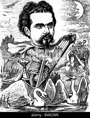 Ludwig II., 25.8.1845 - 13.6.1886, König von Bayern 10.3.1864 - 13.6.1886, halbe Länge, Karikatur, als 'König Lohengrin', aus 'Der Floh', Wien, Österreich, 1885, Stockfoto