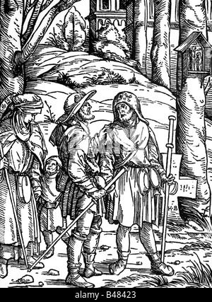 Religion, Pilgerreise, Pilger, auf dem Weg nach Santiago de Compostela und Rom, Holzschnitt für "Teutsch-Predigten" von Geiler von Kaiserberg, 1508, Stockfoto