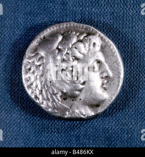 Alexander III 'der Große', 356 - 10.6.323 v. Chr., König von Macedon 336 - 323, Porträt, als Herakles, Münze, Tetradrachm, Stockfoto