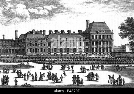 Geographie/Reise, Frankreich, Paris, Schlösser, Tuileries Palast, Außenansicht, Garten, nach Gravur durch Israel Silvestre (1621 - 1691), historisch, historisch, 17. Jahrhundert, Europa, Architektur, Palais de Tuileries, erbaut von Ph. Delorme und J. Bullant, seit 1564 für Königin Catharine di Medici, Residenz französischer Könige, niedergebrannt 1871, Garten, Park, Residenz, Schloss, Barock, Gericht, Gesellschaft, Menschen, 19. Jahrhundert, Stockfoto