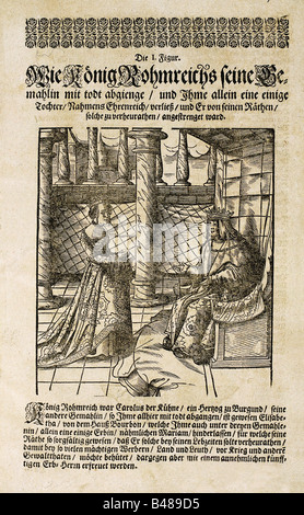 Literatur, "Theuerdank" von Kaiser Maximilian I., herausgegeben von Melchior Pfitzing, 1517, Holzschnitt, Illustration, Szene, Nachdruck, höfische Dichtung, Ritterirrtum, mittelalterliche chivalrische Romanliteratur, Roman, Mittelalter, Mittelalter, Schrift, Text, Tewrdanckh, Teuerdank, Stockfoto