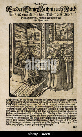 Literatur, "Theuerdank" von Kaiser Maximilian I., herausgegeben von Melchior Pfitzing, 1517, Holzschnitt, Illustration, Szene, Nachdruck, höfische Dichtung, Ritterirrtum, mittelalterliche chivalrische Romanliteratur, Roman, Mittelalter, Mittelalter, Schrift, Text, Tewrdanckh, Teuerdank, Stockfoto