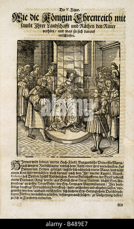 Literatur, "Theuerdank" von Kaiser Maximilian I., herausgegeben von Melchior Pfitzing, 1517, Holzschnitt, Illustration, Szene, Nachdruck, höfische Dichtung, Ritterirrtum, mittelalterliche chivalrische Romanliteratur, Roman, Mittelalter, Mittelalter, Schrift, Text, Tewrdanckh, Teuerdank, Stockfoto