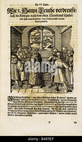 Literatur, "Theuerdank" von Kaiser Maximilian I., herausgegeben von Melchior Pfitzing, 1517, Holzschnitt, Illustration, Szene, Nachdruck, höfische Dichtung, Ritterirrtum, mittelalterliche chivalrische Romanliteratur, Roman, Mittelalter, Mittelalter, Schrift, Text, Tewrdanckh, Teuerdank, Stockfoto