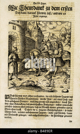 Literatur, "Theuerdank" von Kaiser Maximilian I., herausgegeben von Melchior Pfitzing, 1517, Holzschnitt, Illustration, Szene, Nachdruck, höfische Dichtung, Ritterirrtum, mittelalterliche chivalrische Romanliteratur, Roman, Mittelalter, Mittelalter, Schrift, Text, Tewrdanckh, Teuerdank, Stockfoto