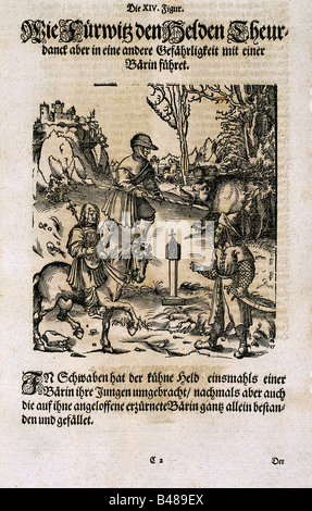 Literatur, "Theuerdank" von Kaiser Maximilian I., herausgegeben von Melchior Pfitzing, 1517, Holzschnitt, Illustration, Szene, Nachdruck, höfische Dichtung, Ritterirrtum, mittelalterliche chivalrische Romanliteratur, Roman, Mittelalter, Mittelalter, Schrift, Text, Tewrdanckh, Teuerdank, Stockfoto