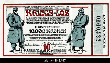 Veranstaltungen, Erster Weltkrieg / erster Weltkrieg, Österreich, Los zum Wohle verwundeter Soldaten und galizischer Flüchtlinge, Wien, Stockfoto
