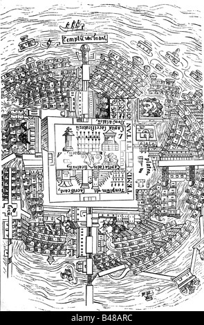 Geografie/Reisen, Mexiko, Tenochtitlan, Hauptstadt, Aztec, Karte, Holzschnitt, 16. Jahrhundert, Stadtplan, Straße, Straßen, Ansicht, Übersicht, Ort, Insel, See, Amerika, historisch, historisch, CEAM, Stockfoto