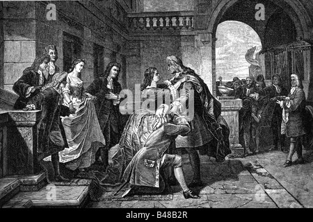 Maximilian II Emanuel, 11.7.1662 - 26.2.1726, Kurfürst von Bayern 26.5.1679 - 26.2.1726, Rückkehr nach Bayern, Treffen mit seiner Familie, Schloss Lichtenberg, 1715, Holzgravur, 19. Jahrhundert, Stockfoto