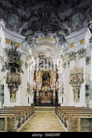 Architektur, Kirchen und Konvente, Deutschland, Bayern, Wallfahrtskirche von Wies, 1745 - 1754 nach Plan von Johann Bapist Zimmermann und Dominikus Zimmermann, Innenansicht, Wallfahrtskirche des verschanzten Erlösers, Wieskirche, Rokoko, Altar, Stuck, Bildende Kunst, Katholiken, Religion, Christenheit, Christenheit, Christenheit, Historisches, Historisches, Rednerpult, Brüder Zimmermann, UNESCO, Weltkulturerbe, Jahrhundert, Stockfoto