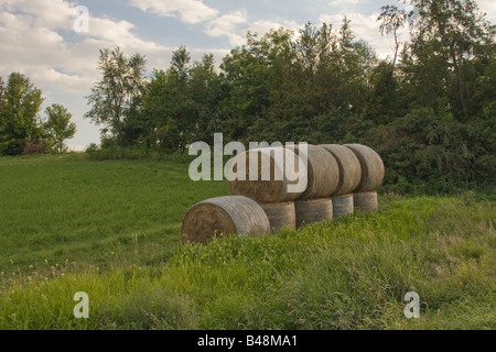 Gestapelte Hayrolls im Feld Stockfoto