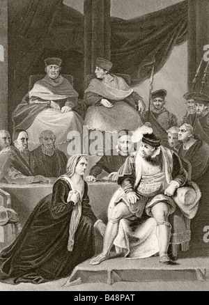 Katharina von Aragon kniete vor ihrem Ehemann König Heinrich VIII. Von England beim Prozess ihrer Ehe. Stockfoto