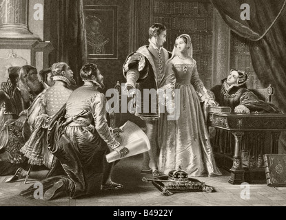 Lady Jane Grays Zurückhaltung, die Krone anzunehmen, Sion House, Juli 8. 1553. Lady Jane Gray, aka Lady Jane Dudley, 1537-1554. Stockfoto