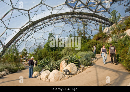 Besucher im Inneren mediterranen Biom Eden Projekt Bodelva St Austell Cornwall UK Stockfoto