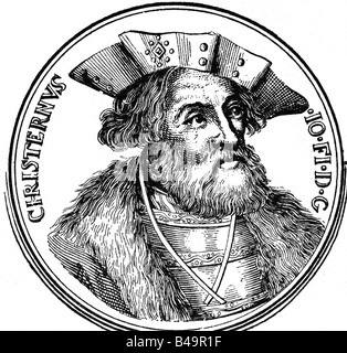 Christian II., 1.6.1481 - 25.1.1559, König von Dänemark 20.2.1513 - 20.1.1520, Porträt, nach Medaille, Oldenburg, König von Norwegen und Schweden, Wappen, Stockfoto