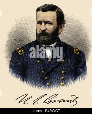 Grant, Ulysses S., 27.4.1822 - 23.7.1885, US-amerikanischer General & Politiker, Porträt, Gravur, 19. Jahrhundert, leter farbig, Offizier, Stockfoto